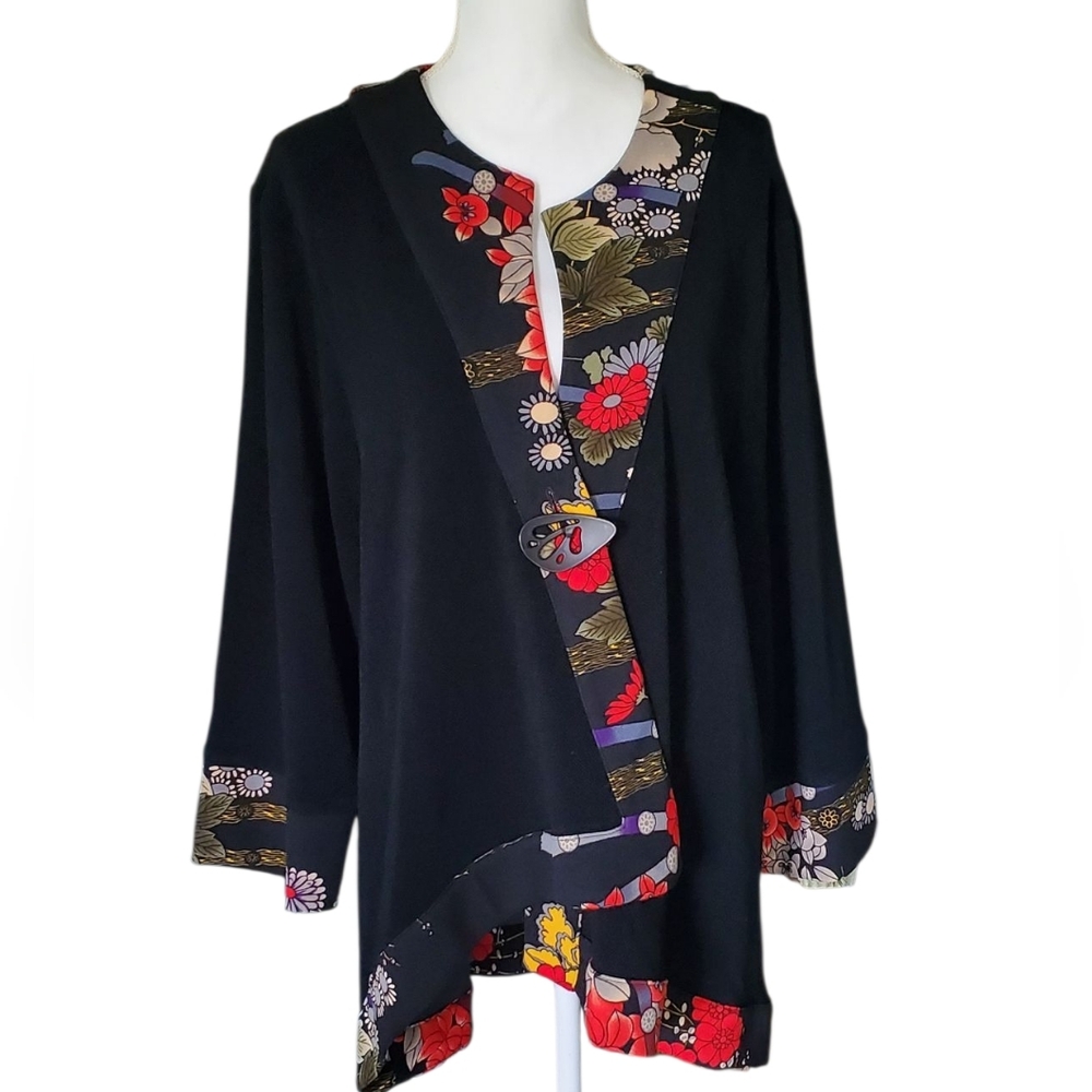 NWT Channa Floral Trim Black Kimono Cardigan. Size 2XL. - Picture 2 of 15